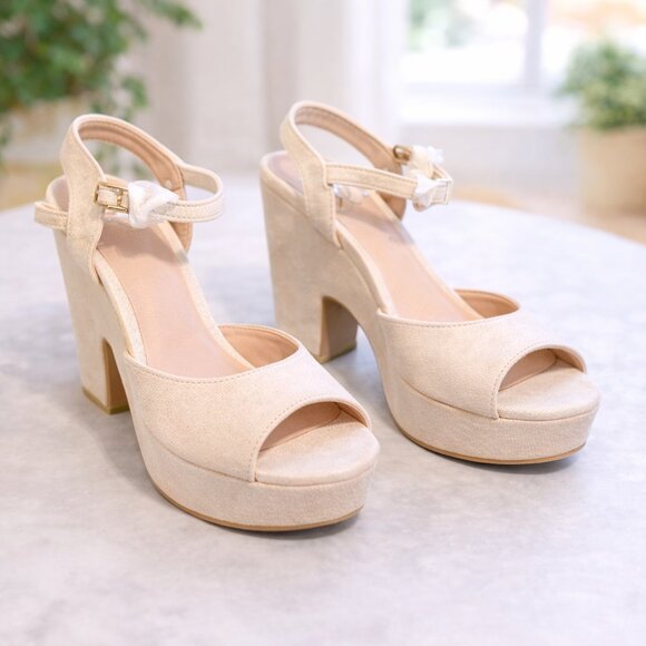 Open Toe Platform Heels | NEW | Royal Blue, Cream & Black | Chunky Heel - Picture 6 of 10